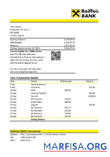 Downloadable Croatia Raiffeisen bank statement excel sample